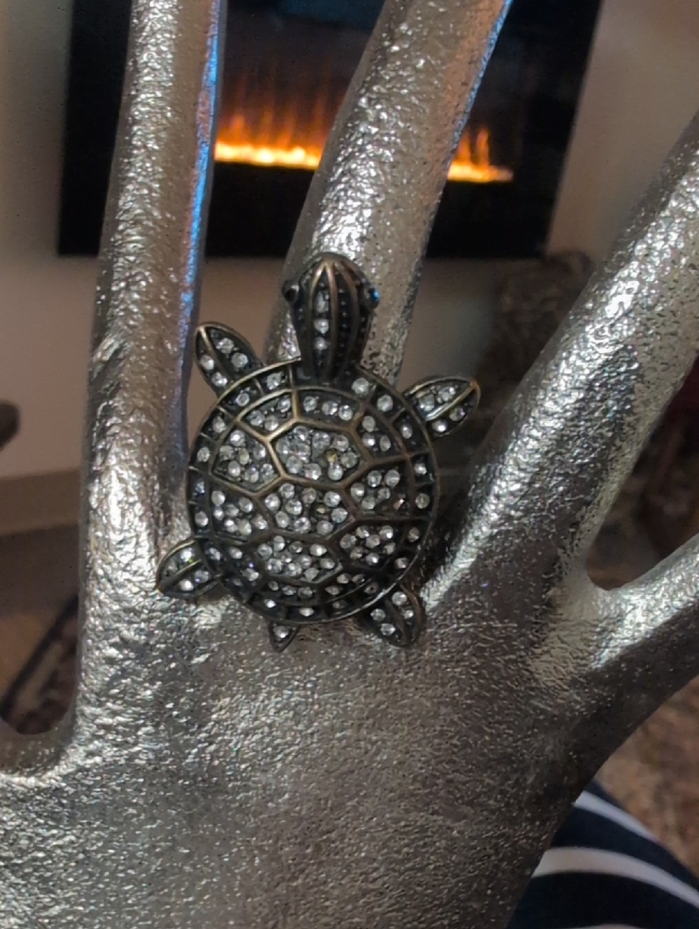 Pave Crystal Turtle Statement Ring in Antique Silver